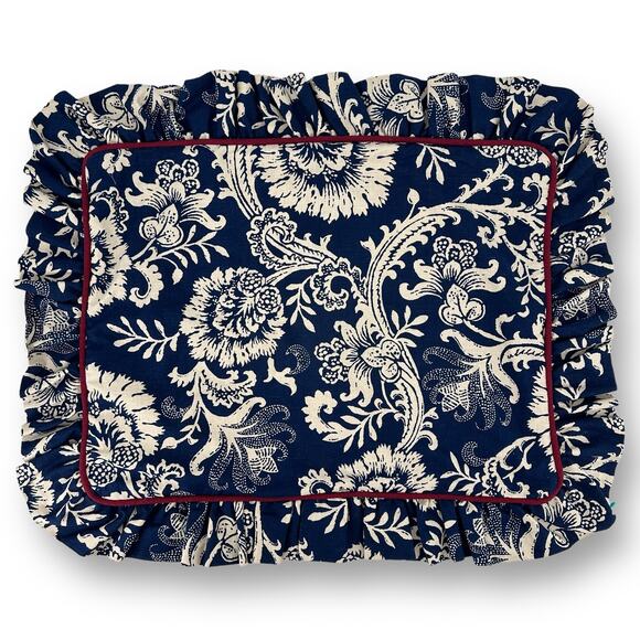 Waverly Floral Jacobean Ruffled Edge Pillow Sham Set Standard Blue Cream - Picture 2 of 5